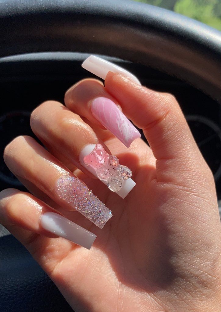 Gummy bear charm pink and white nails